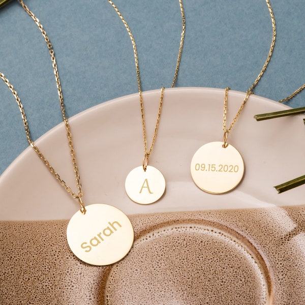 Custom Engraved Disc Necklace 14K Real Gold, 2 Side Engravable Disk Pendant Necklace, Custom Name Inital Date Personalized Disc Necklace