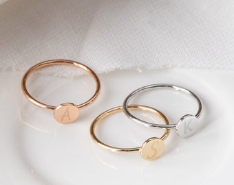 Custom Disc Ring 14K 18K Solid Gold, Personalized Stacking Round Ring, Dainty Everyday Ring, Custom Name Engraved Ring, Valentines Day Gift