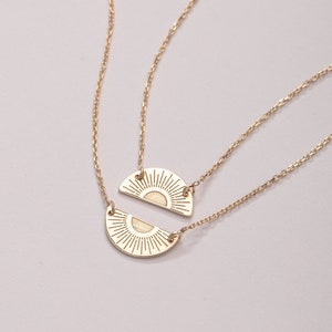 Two Halves Suns Necklace 14K 18K Solid Gold, Real Gold Half Sun Necklaces With Double Chain, Dual Chain Sun Necklace, Perfect Gift For Mom