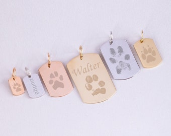 Actual Paw Print Cat Dog Pendant 14K 18K Solid Gold, Personalized Memorial Loss-Animal Adoption Custom Engrave Name Pendant, Pet Lover Gift