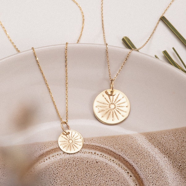 Sunbeam Necklace Real Gold 14K, Custom Initial Name Engrave Minimalist Sunshine Necklace, Gold The Sun Tarot Jewelry Necklace Gift For Her