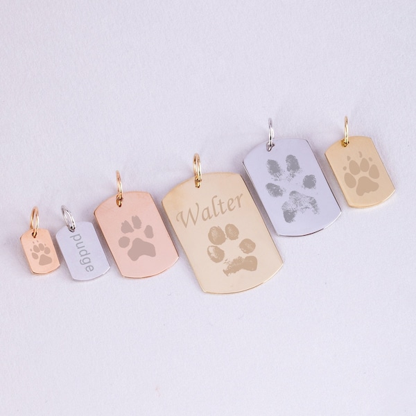 Actual Paw Print Cat Dog Pendant 14K 18K Solid Gold, Personalized Memorial Loss-Animal Adoption Custom Engrave Name Pendant, Pet Lover Gift