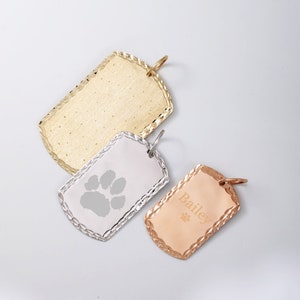 A impressão real da pata do seu animal de estimação em pingente de etiqueta com corte de diamante em ouro real 14K 18K, etiqueta de cachorro personalizada com gravação de pata de animal de estimação, colar de etiqueta com moldura retangular