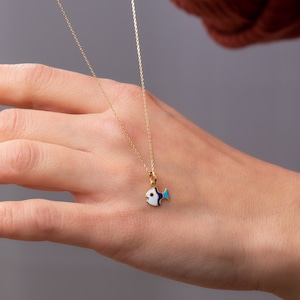 14k Solid Gold Fish Necklace, Blue & Pink Fish Pendant, Protection and Luck Jewelry, Handmade Minimalist Fish Pendant, Colorful Fish Charm