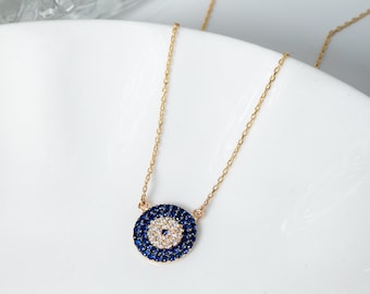 Solid Gold Evil Eye Halskette, 14K 18K Dainty Schutz Anhänger, handgemachte Glücksbringer