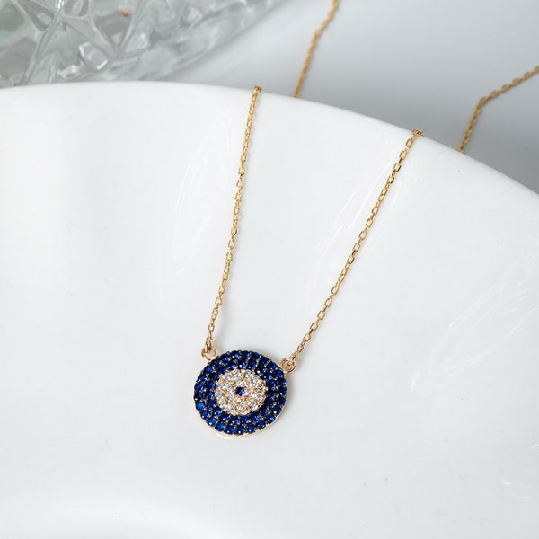 Simple Round Evil Eye Necklace 14K 18K Solid Gold, Turkish Evil Eye Necklace, Dainty Evil Eye Charm, Handmade Minimalist Eye Pendant For Her