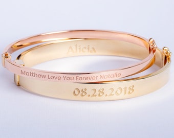 Custom Name Date Engraved 14k Solid Gold Hinged Hollow Bangle Bracelet, Personalized Custom Word Engraved Oval Bangle, Gift For Her