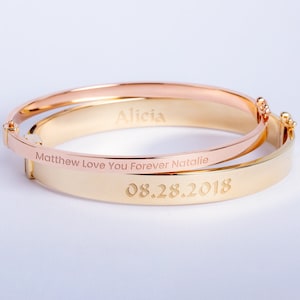 Custom Name Date Engraved 14k Solid Gold Hinged Hollow Bangle Bracelet, Personalized Custom Word Engraved Oval Bangle, Gift For Her