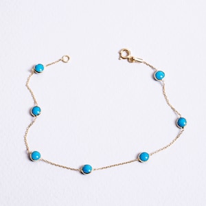 Turquoise Station Bracelet 14K Real Gold, Dainty Turquoise Stone Bracelet, Multi Stone Everyday Bracelet, Stylish Jewelry, Gift For Women