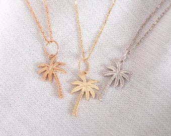 Solid Gold Palm Tree Necklace, Tropical Jewelry, 14K Solid Gold Vacation Pendant