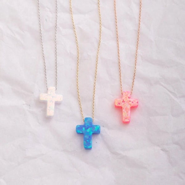 Blue Opal Cross Necklace 14K 18K Solid Gold, Dainty Colorful Opal Cross Necklace, Navy Blue, Pink & White Opal Cross, Cute Gift For Her