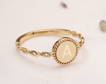 Custom Delicate Letter Ring 14K 18K, Custom Engraved Minimalist Ring, Personalize Custom Signet Ring, Bridesmaid Gift, Baby Initial Mom Gift