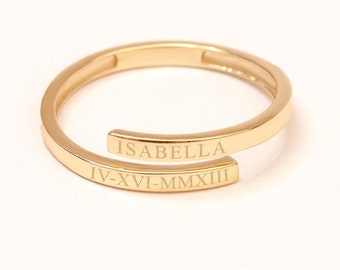 Personalized Engrave Name Wrap Ring 14K 18K Solid Gold, Dainty Gold Wrap Ring, Engrave Name, Date or Coordinates on it