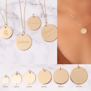Custom Engraved Disc Necklace 14K Real Gold, 2 Side Engravable Disk Pendant Necklace, Custom Name Inital Date Personalized Disc Necklace image 5