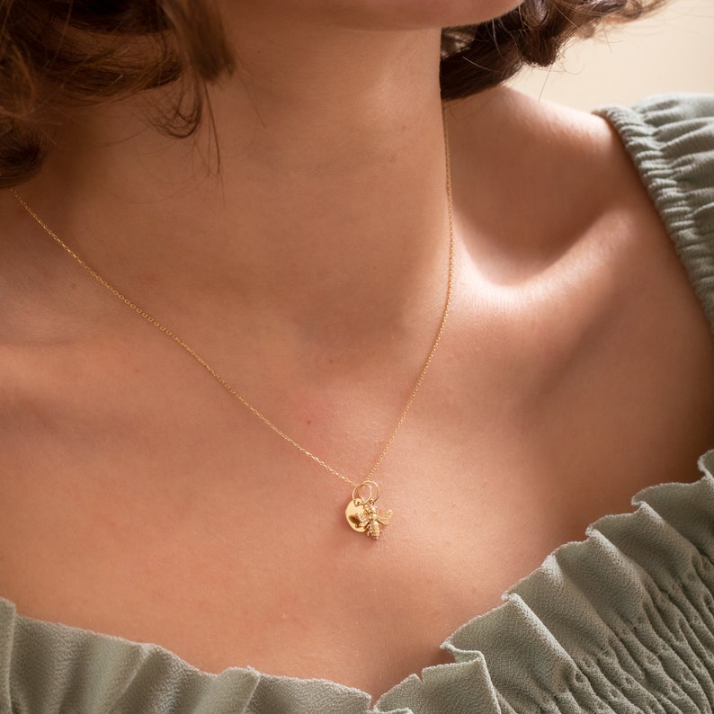 Bee And Disc Necklace 14K or 18K Real Gold, Solid Gold Wasp With Initials Disc, Honey Bee Custom Initials Disc Pendant, Great Gift for Her image 4