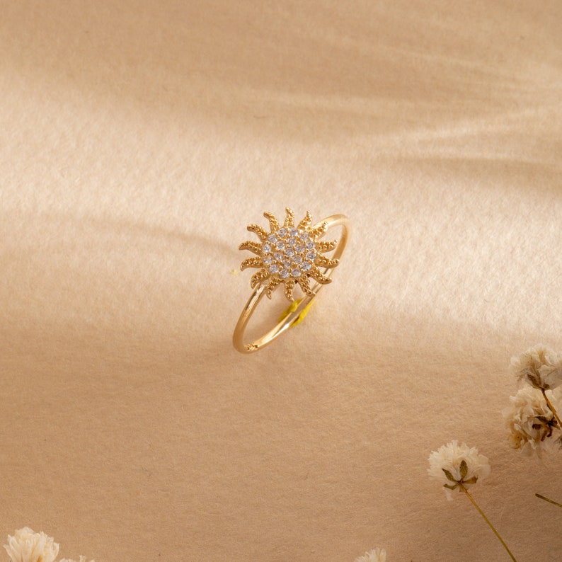 Cz Stone Sunburst Ring 14K 18K Real Gold, Boho Style Minimalist Sunshine Ring, Everyday Jewelry, Celestial Ring, Dainty Sun Ring, Best Gift image 6