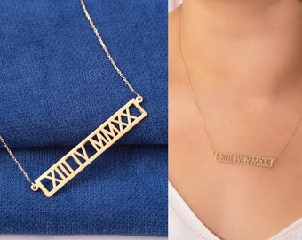 Custom Roman Numeral Necklace 14K Real Gold, Solid Gold Personalized Roman Numeral Necklace, Horizontal Custom Date Coordinated Necklace