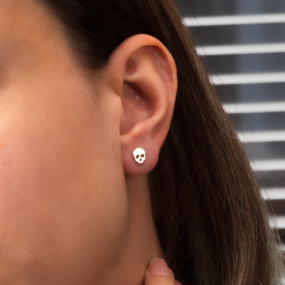 Tiny Skull Earrings, 14K 18K REAL Gold Minimalist Skeleton Studs, Gothic Piercing Jewelry