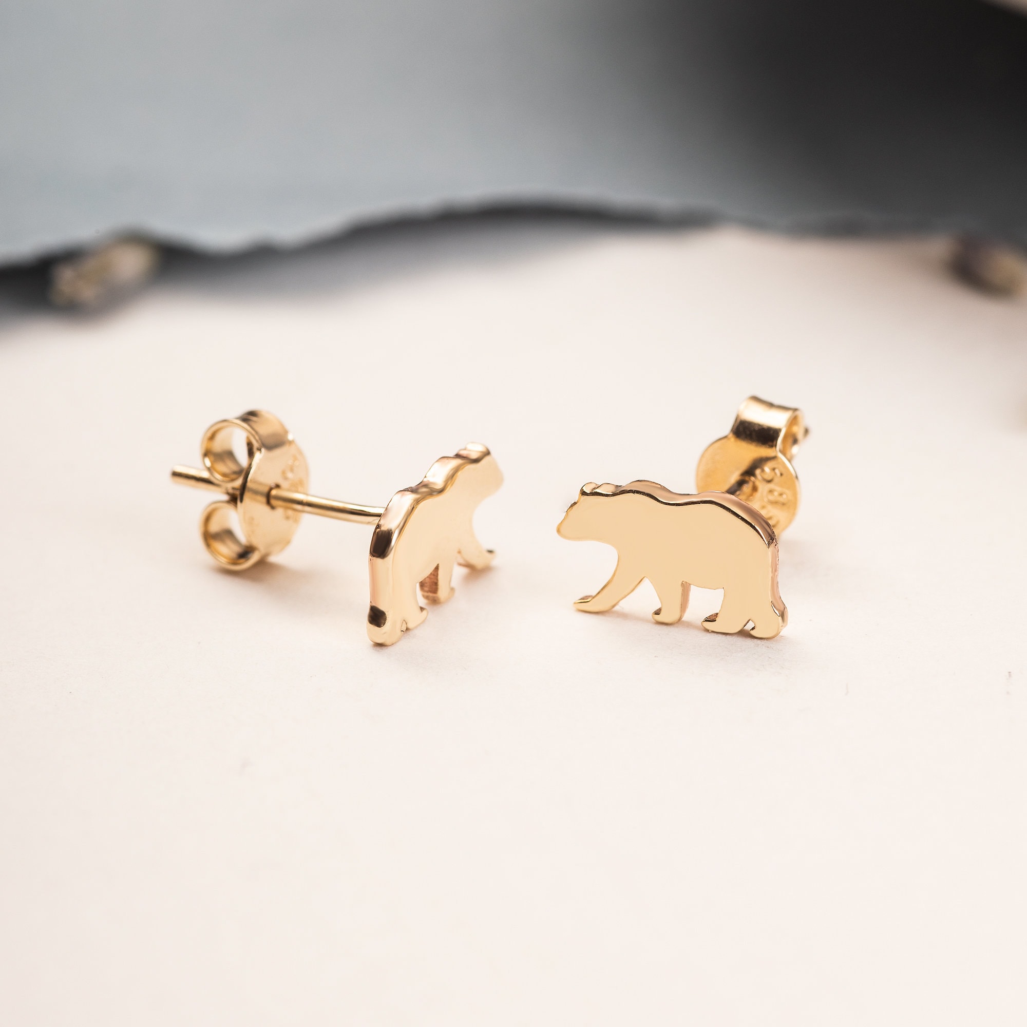 14K Solid Gold Dainty Bear Stud Earrings Minimalist Animal Etsy Canada