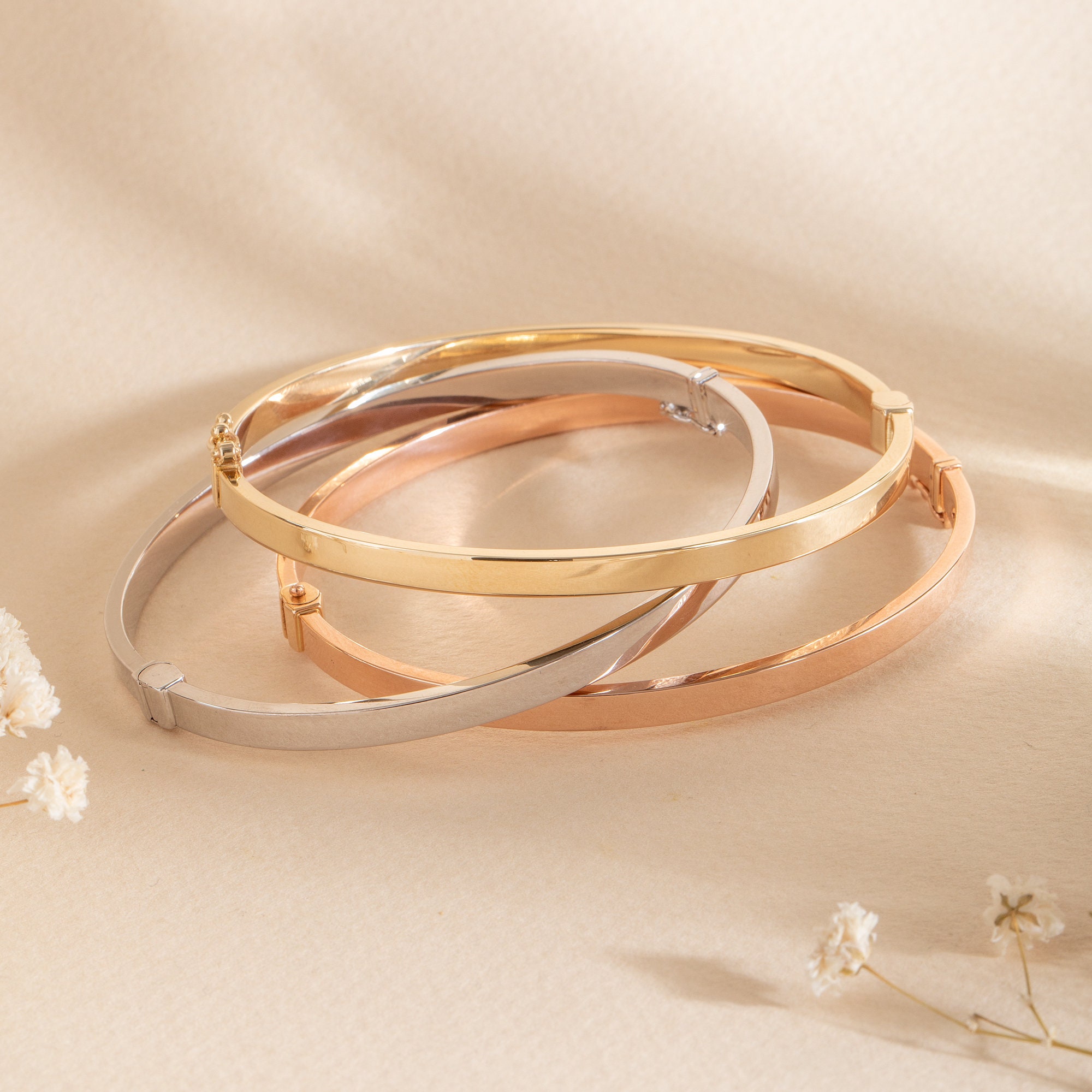Custom Name Date Engraved 14k Solid Gold Hinged Hollow Bangle