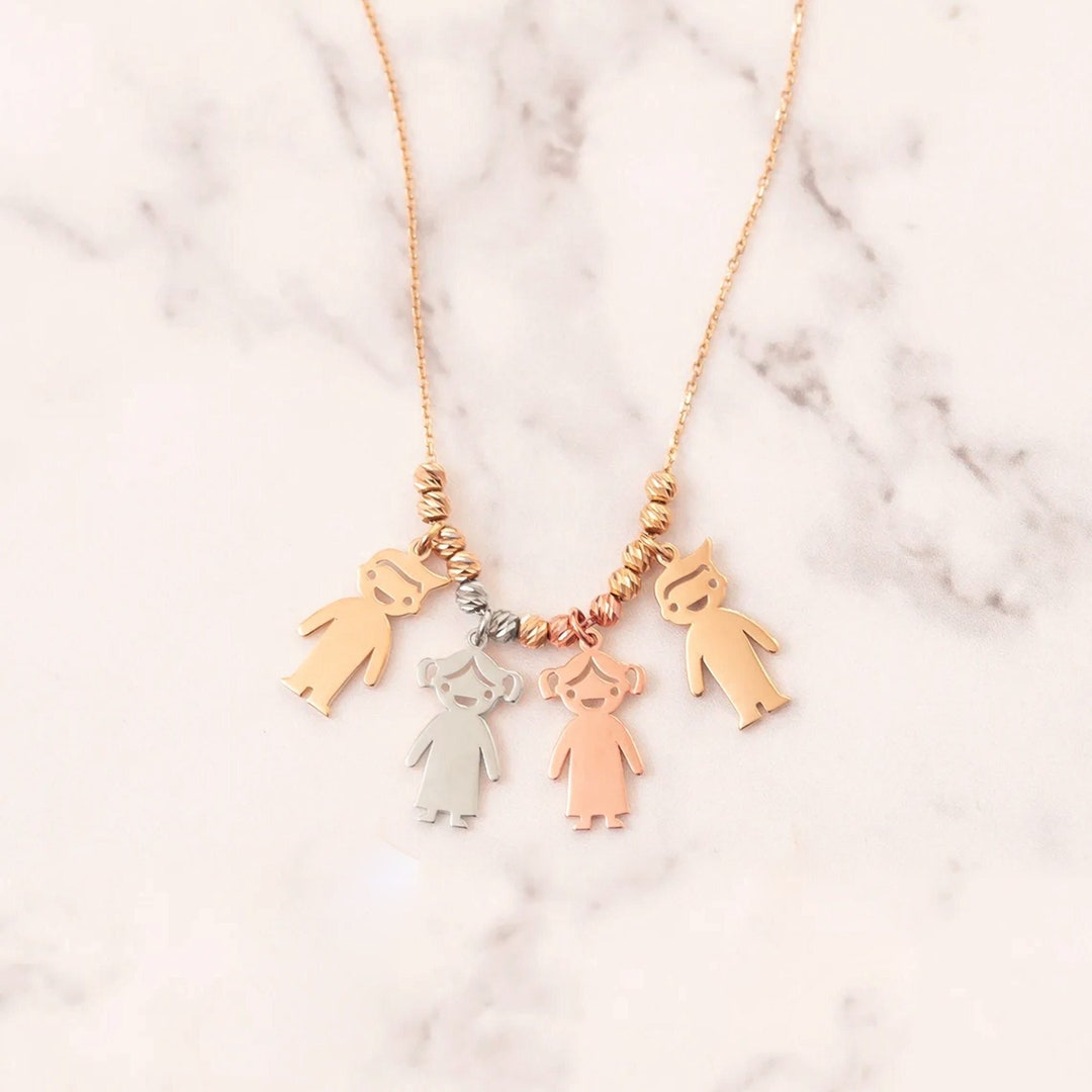 Boy & Girl Charm Necklace 14K Real Gold, Customized Necklace for