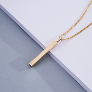 Cremation Urn 2.5 cm Pendant Necklace 14K 18K Real Gold, Cremation Keepsake Urn, 4 Side Engrave Custom Name Memorial Handmade Bar Necklace