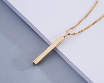 Cremation Urn 2.5 cm Pendant Necklace 14K 18K Real Gold, Cremation Keepsake Urn, 4 Side Engrave Custom Name Memorial Handmade Bar Necklace