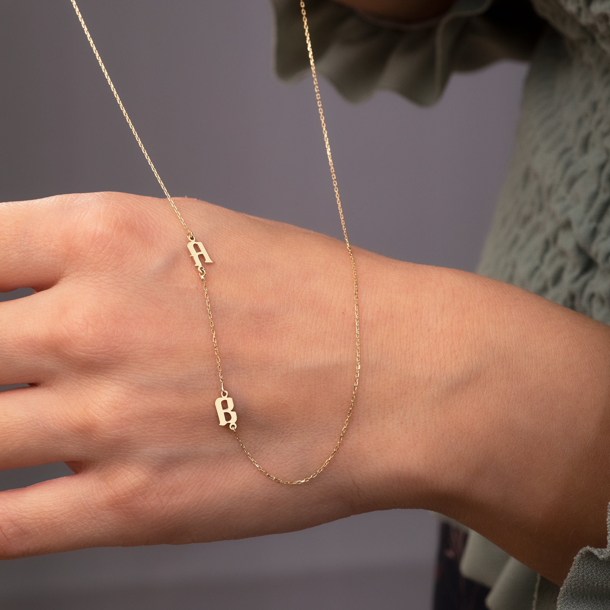 Letter Necklace 14K Real Gold Sideways 