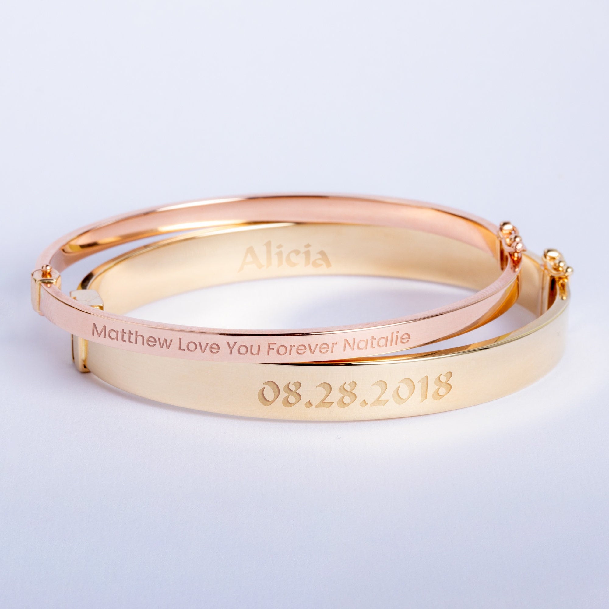 Custom Name Date Engraved 14k Solid Gold Hinged Hollow Bangle