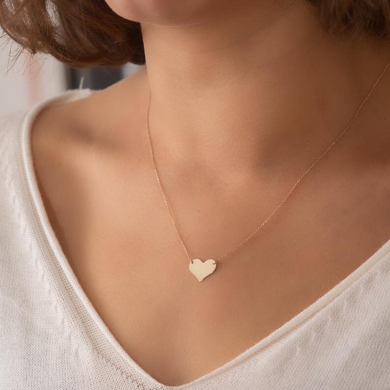 Custom Heart Necklace 14K Solid Gold, Engrave Names, Date