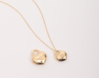Collier de cœur gravé personnalisé en or véritable 14 carats, cadeaux de la Saint-Valentin pour petite amie, pendentif de cœur personnalisé, collier de cœur gonflé