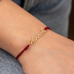 Bracelet prénom personnalisé en or massif, bracelet cordon prénom en or véritable 14 carats 18 carats, bracelet ficelle rouge imperméable, bracelet macramé minimaliste