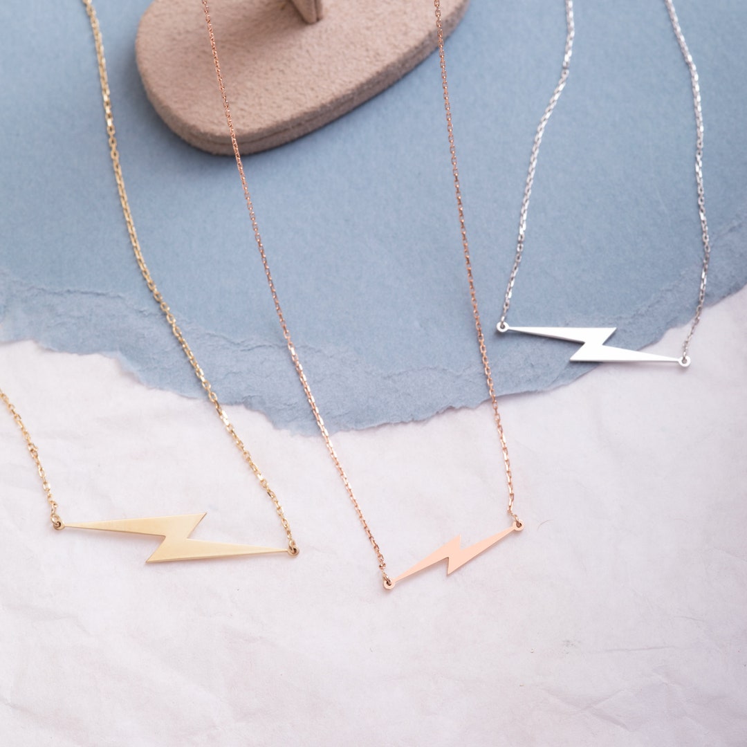 Lightning Bolt Necklace 14K 18K Real Solid Gold, Dainty Sideways