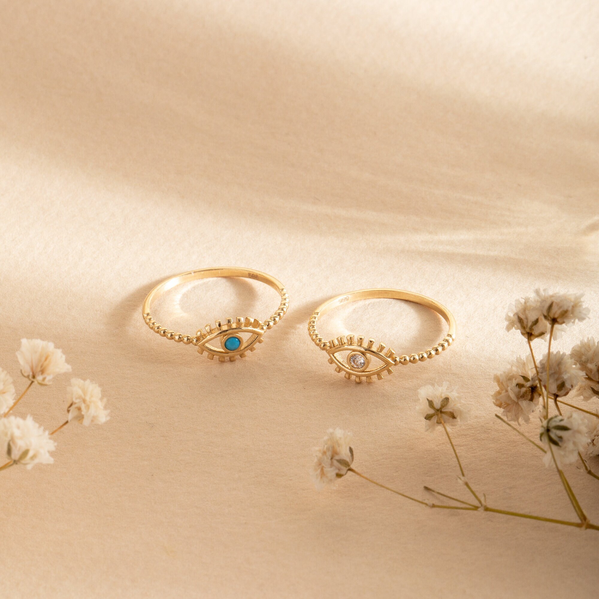 Dainty Evil Eye Ring 14K 18K Solid Gold, Real Gold Minimalist Evil Eye Ring, Protection Ring, Elegant Good Luck Ring, CZ Eyelash Eye Ring
