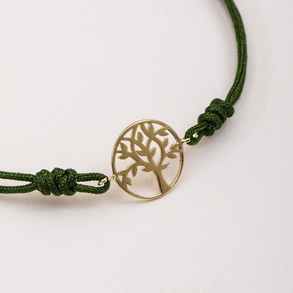 14K 18K Real Gold Tree Of Life Cord Bracelet, Gold Tree of Life Adjustable Cord Bracelet, Family Tree String Bracelet, Gift for Mother