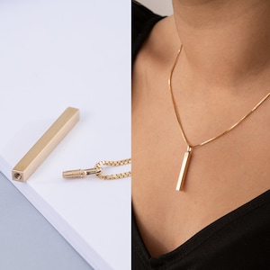 3.0 Cm Cremation Bar Urn Pendant 14K 18K Real Gold, Memorial Urn Necklace for Ashes, 4 Side Custom Engrave Memorial Handmade Bar Necklace