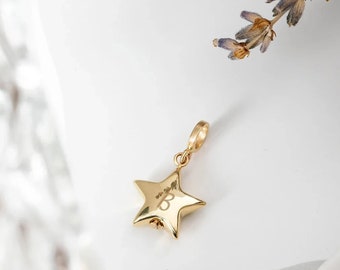 Star Urn Pendant 14K Real Gold, Custom Initial Number Engrave Star Charm, Ash Holder Pendant, Cremation Pendant for Dad Mom Son Baby Sister