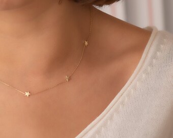 14k Real Gold Sideways Moon Star Necklace, Moon Multiple Star Sideways Tiny Necklace, Personalized 2 3 Star Crescent Moon Necklace Gift For