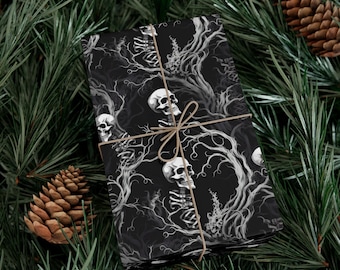 Creepy Skeletons And Vines Gift Wrapping Paper, Gothic Skull Wrapping Paper, Dark Theme Gift Wrap, Halloween Gothic Wrapping Paper
