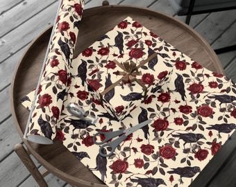 Ravens And Roses Wrapping Paper, Gothic Black Bird And Roses Gift Wrap, Crows And Roses Gothic Gift Wrap, Gothic Valentines Day Gift Wrap