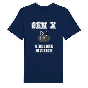 Bella Canvas 3001 T-Shirt with  the words generation X in white graphics a photo of a vintage play ground round and round and the words airborne division underneath in white graphics. The TShirt is navy blue