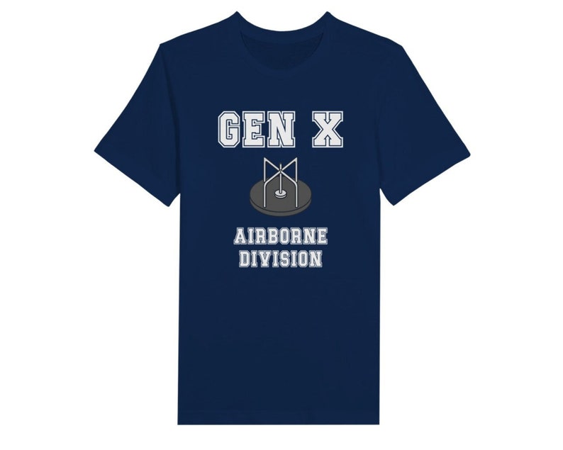 Bella Canvas 3001 T-Shirt with  the words generation X in white graphics a photo of a vintage play ground round and round and the words airborne division underneath in white graphics. The TShirt is navy blue