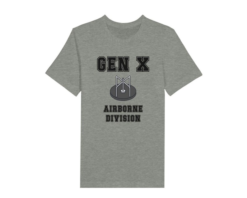 Bella Canvas 3001 T-Shirt with  the words generation X in black graphics a photo of a vintage play ground round and round and the words airborne division underneath in black graphics. The TShirt is athletic heather grey