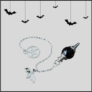 May include: A black obsidian pendulum with a silver chain and charms. The charms include a pentagram and a bat.