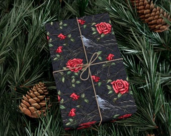 Red Roses Gothic Wrapping Paper, Dark Garden Roses Gift Wrap, Bird And Roses Wrapping Paper, Romantic Gothic Gift Wrap, Blue Bird Gift Wrap