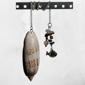 May include: A silver chain necklace with a seashell pendant and a silver chain with a fish charm and brown and white beads.