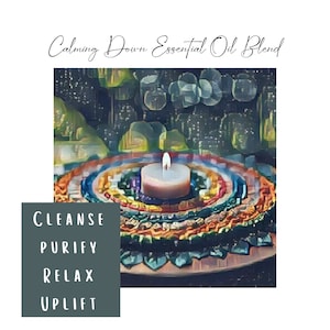 May include: A candle burning on a colorful mandala with the words "Cleanse, Purify, Relax, Uplift" in a teal green box.