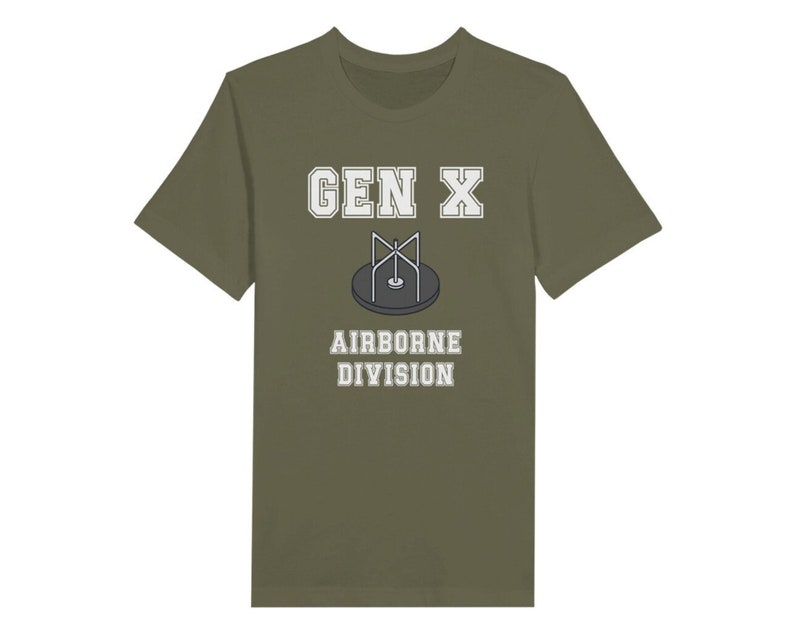 Bella Canvas 3001 T-Shirt with  the words generation X in white graphics a photo of a vintage play ground round and round and the words airborne division underneath in white graphics. The TShirt is military green