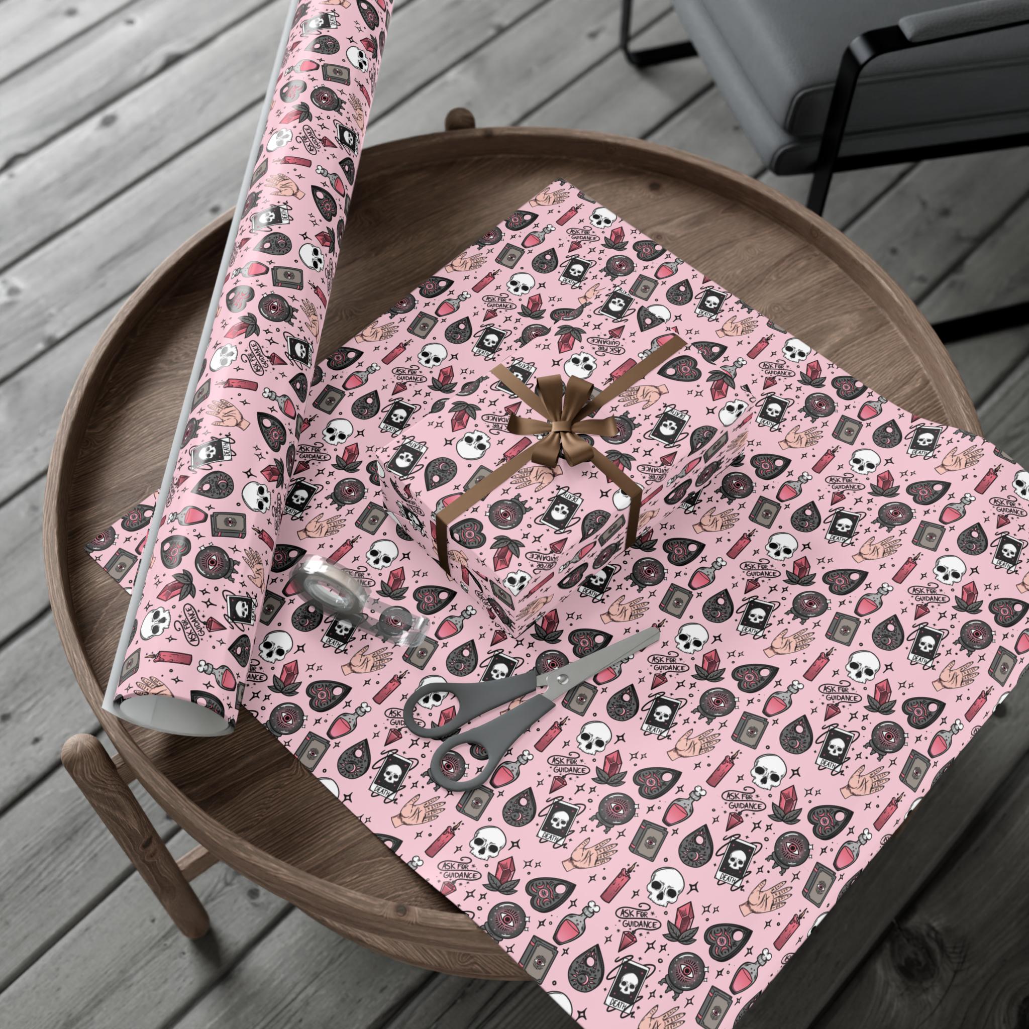 Pink Witchy Wrapping Paper, Pink Halloween Gift Wrap, Pink Mystical Wrapping Paper, Pink Cute Witch Gift Wrap, Pastel Goth Gift Paper,