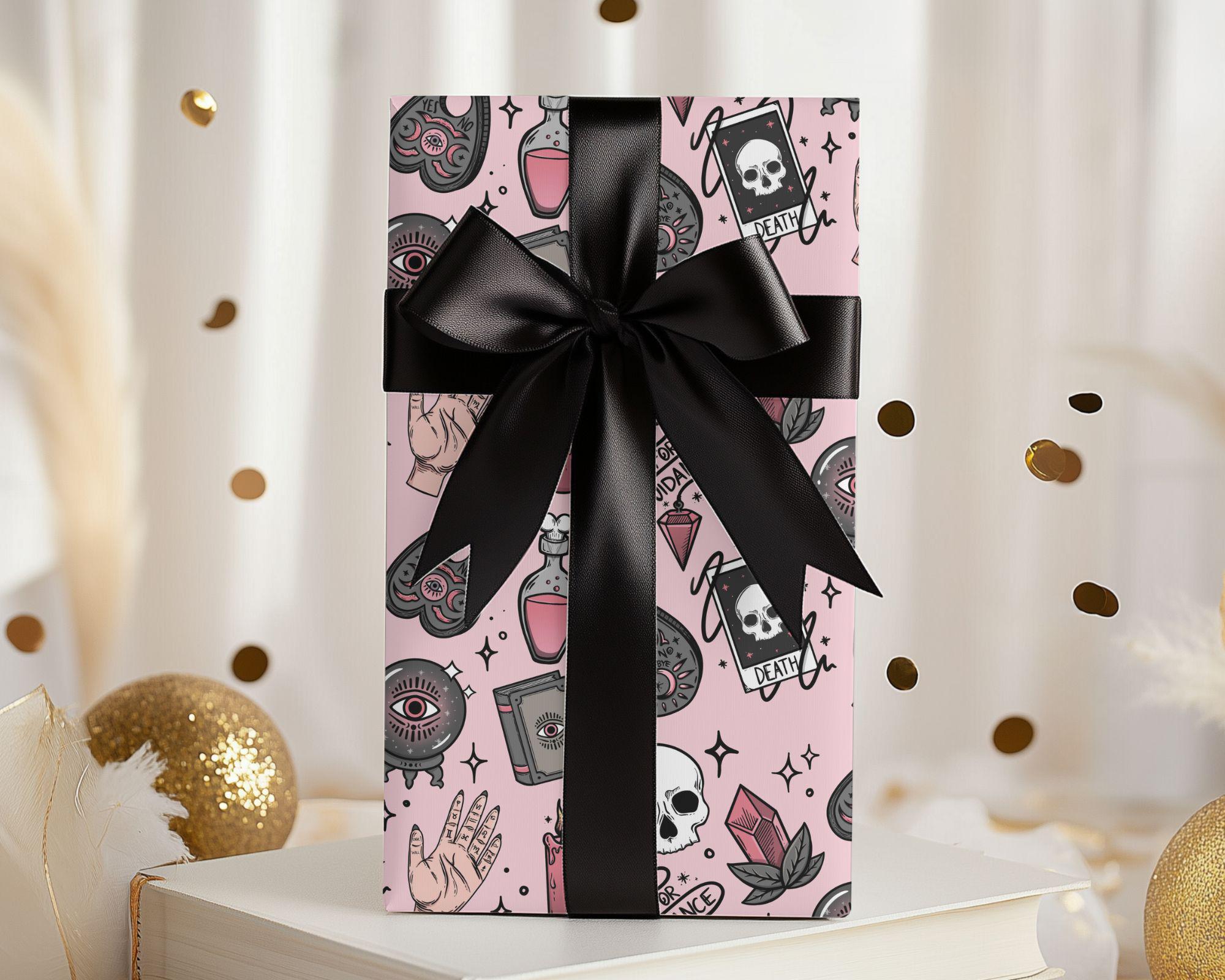 Pink Witchy Wrapping Paper, Pink Halloween Gift Wrap, Pink Mystical Wrapping Paper, Pink Cute Witch Gift Wrap, Pastel Goth Gift Paper,